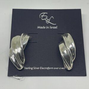 E&L Textured Israel Sterling Silver Wave Electrofom Earrings New